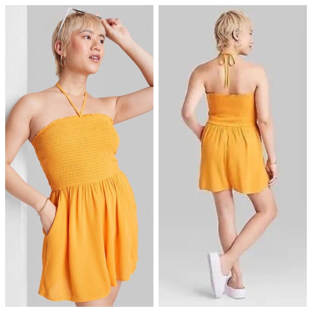 NEW Wild Fable Women's Smocked Sleeveless Romper Mango Orange